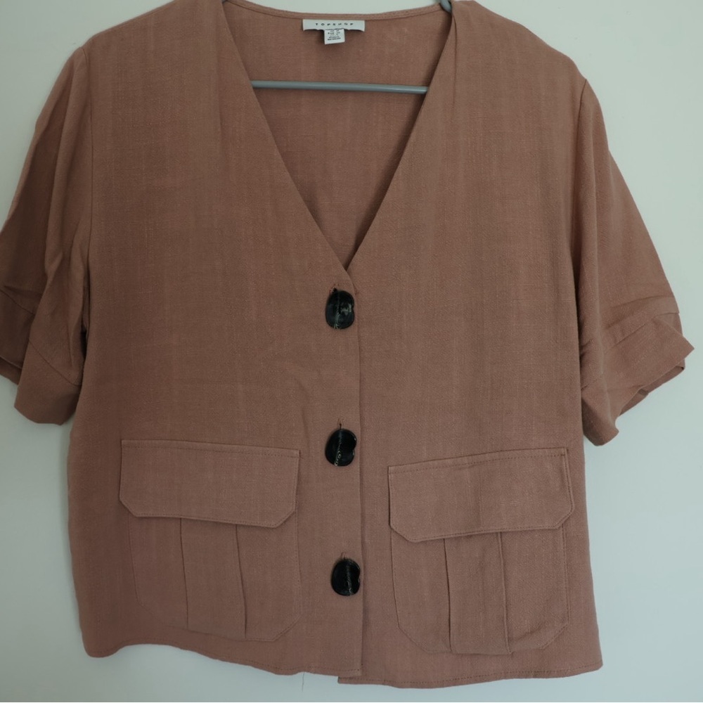 Topshop Dusty Rose Short Sleeve Button-Down Crop Shirt